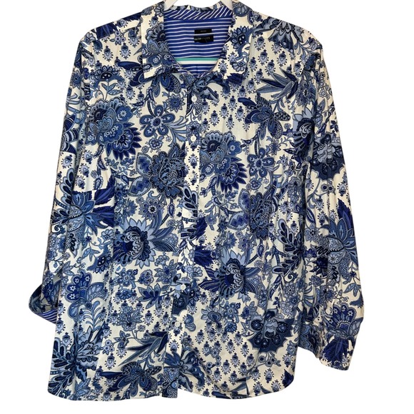 Talbots Womens Size 24W Blue White Floral Print Long Sleeve Non-Iron Shirt - Picture 1 of 4